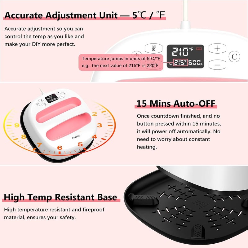 Calogy Heat Press Machine for T-Shirts 10"X10", Portable Heat Press Fast Up to 410℉(210 ºC), Precise Temp Control, 15 Mins Auto Off for Bag, Pillows, Sublimation Vinly Transfer(White Pink, 10 x 10 In) - Image 4